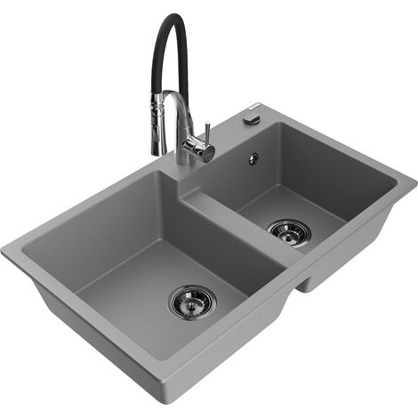 Mexen Tomas 2-Becken-Granitspüle mit Mischbatterie Aster, Grau - 6516-71-73450-07-B (1/5)