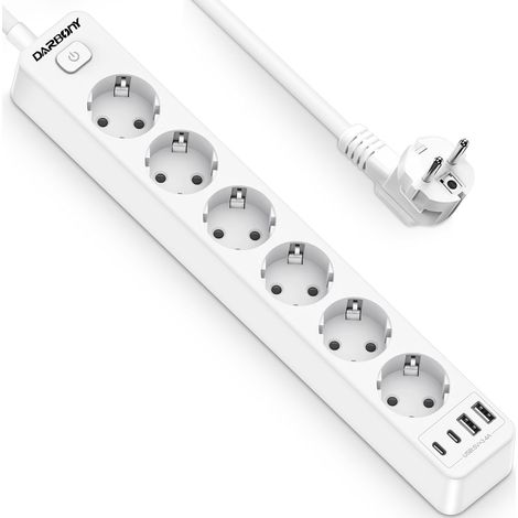 Multiprise 6 Prises avec 4 Ports USB Multiprise avec Interrupteur 3680W/16A Prise Multiple Electrique Multi prise Murale Avec Protection Contre Les surtensions pour Cuisine/Bureau/Maison, 1,8 m, Blanc (1/5)