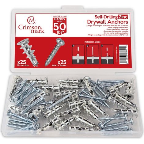 Kit de 25 Chevilles Autoperceuses en Zinc + 25 Vis pour Placo, Charge Maximale 22,7 kg, pour Murs en Plâtre, Cadres, Étagères et Décorations