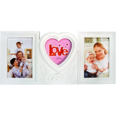 TrAdE Shop Traesio - Cornice Porta Foto Fotografie Ricamato Con Cuore Da Parete 39x18cm In Plastica -