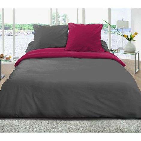 Parure DE Couette 3 PCS 240X260 100% Coton 57 Fils Fushia/Gris Fonce