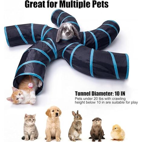 Road Tunnel for Cats, 2 Way/3 Way/4 Way/5 Way Tunnel Tubes Foldable Interactive Maze Toy for Small Animals, Small Rabbit, Kitten, Puppy, Ferret, Guinea Pigs (5 Ways) (1/4)