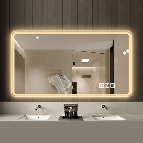 REDOM - Miroir de salle de bain LED - 60x100 cm - anti buée - 3 couleurs de lumière - intensité réglable - verre trempé - argenté