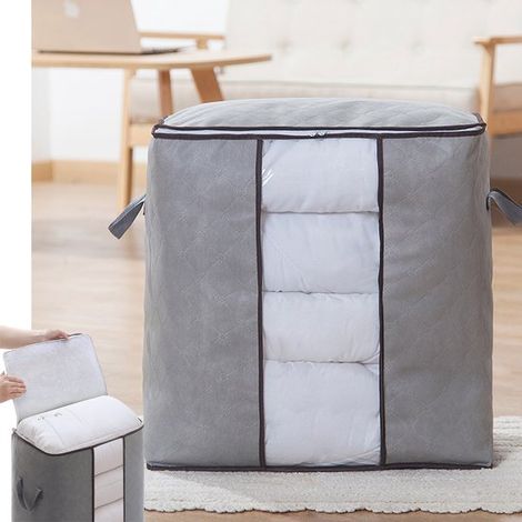 Boîte de rangement pliable en plastique avec poignée - Étagère verticale pour linge de lit, couvertures, oreillers et vêtements - Grise (1/5)