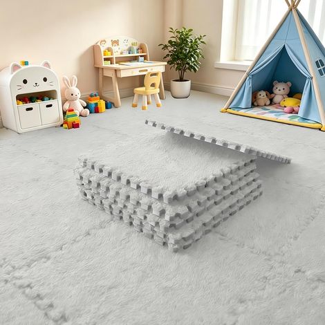 Lot de 12 dalles de sol emboîtables en mousse en peluche - 30 x 30 cm - Pour salon et chambre à coucher - Tapis de jeu doux - Carreaux de sol en mousse emboîtables (blanc) (1/5)