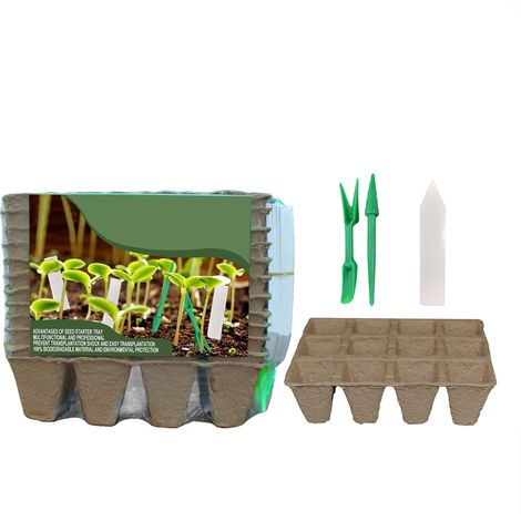 Kit de 12 plateaux de semis biodégradables (12 alvéoles) avec étiquettes et outils de repiquage. (1/2)