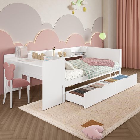 Gutent – Lit en bois 90x200 cm avec bureau et 2 tiroirs – Structure en pin et panneau de particules – Couleur blanche – Hauteur 73 cm
