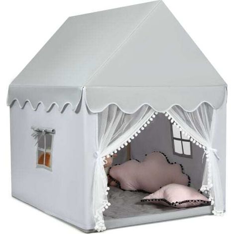 Tente de jeu enfant grise avec structure en bois, tapis rembourré lavable, rideaux et fenêtres, pour chambre, salle de jeux et salon (1/5)
