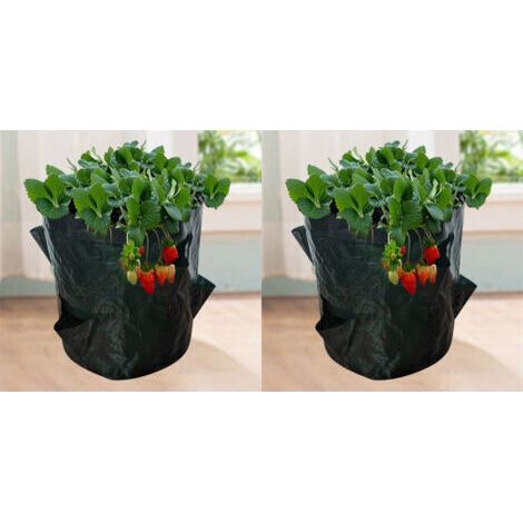 Erdbeer-Pflanzsäcke, 2 Stück 18 l/5 Gallonen Gemüsesäcke, Pflanzsack aus Vliesstoff mit Sichtfenster, Garten-Gemüsesack (23 x 28 cm (4 Öffnungen))