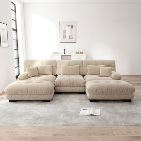 Divano modulare ad angolo con pouf, in chenille color caffè chiaro, design cloud e seduta profonda,313x145x81 cm (1/5)