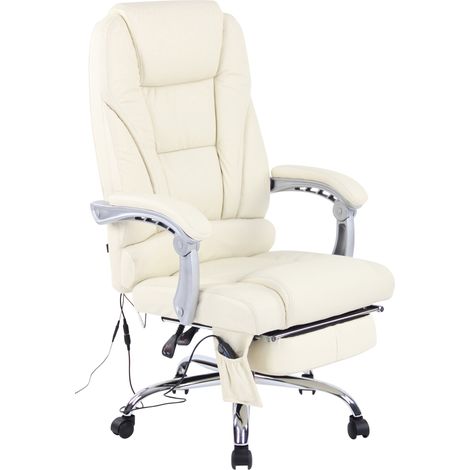 Fauteuil de bureau avec fonction massage et repose-pieds ajustables en véritable cuir crème 100002573