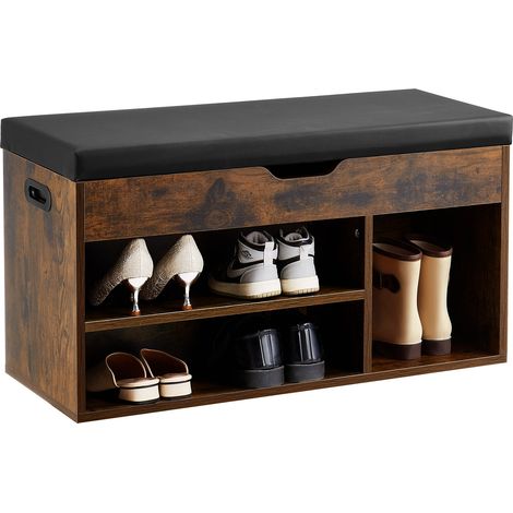 Banc à chaussures d'entrée, 805x305x445 mm, banc de rangement, charge 136 kg, rangement à chaussures avec plateau relevable, coussin et 3 armoires pour couloir, salon, chambre, marron et noir (1/5)