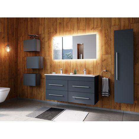 Badmöbelset Helios 4-teilig LED Spiegel Hochschrank 3er Boxen grafit