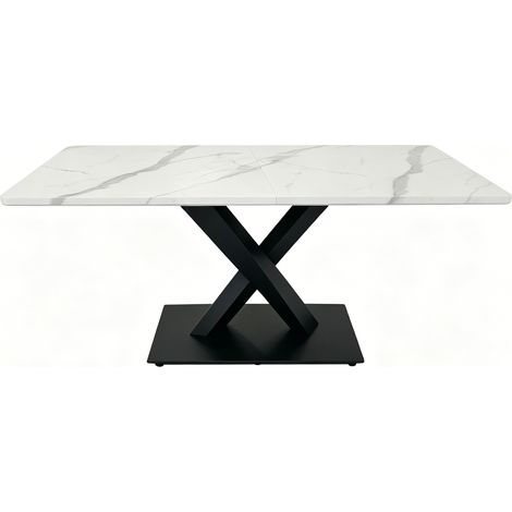 Table à manger rectangulaire en bois massif blanche avec base en métal noir pour 6 à 8 personnes (1/5)