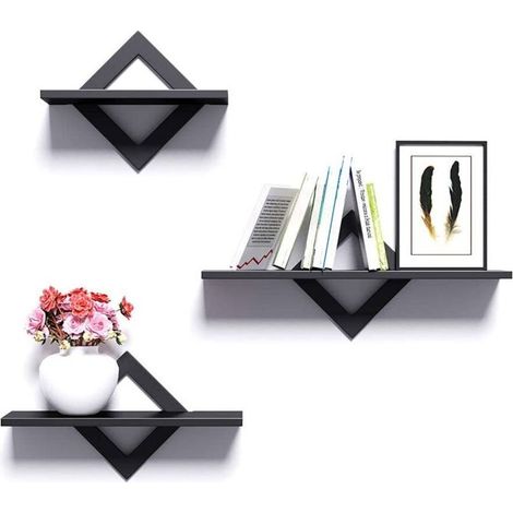 Set of 3 Wall Shelves, Stable Wooden Floating Shelves Ideal for Living Room, Bedroom, Hallway, Kitchen, Shelf Can Hold Up to 9kg, Length 27/34/42cm (Black) (1/5)