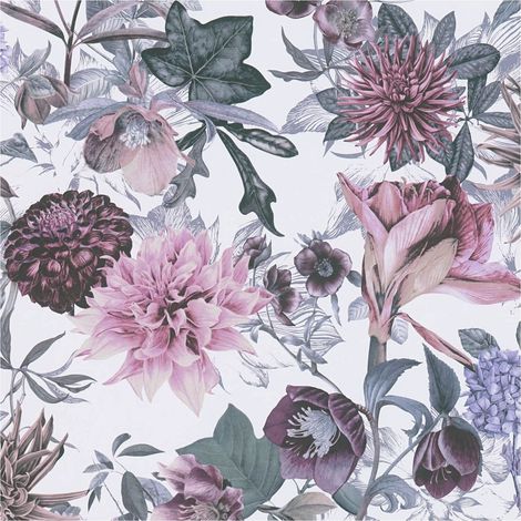 Flowers wallcovering wall Profhome 381752 smooth non-woven non-textured wallpaper with floral ornaments matt white purple pink grey 5.33 m2 (1/5)