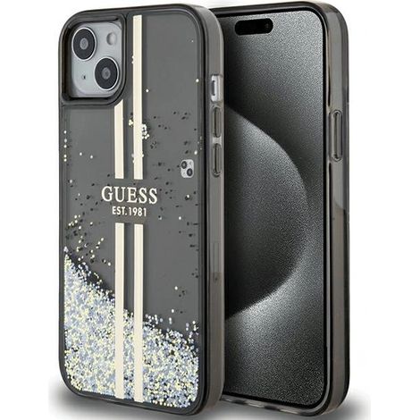 Guess GUHCP15MLFCSEGK iPhone 15 Plus / 14 Plus 6,7 Zoll schwarze/schwarze Hartschalen-Hülle mit flüssigem Glitzer und goldenen Streifen (1/5)