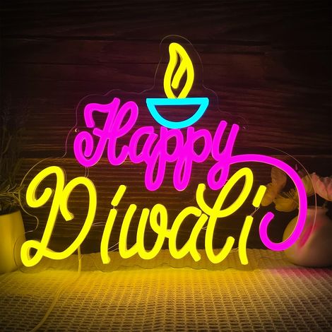 Enseigne néon « Happy Diwali » (Joyeux Diwali) – Luminaire décoratif à intensité variable pour mur, maison, chambre et fêtes sur le thème du Diwali indien (1/5)