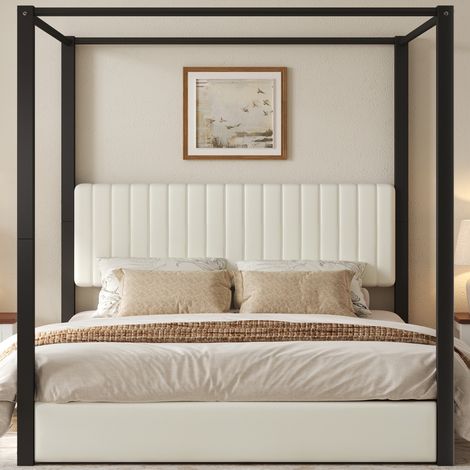 Lit capitonné 180x200 cm avec sommier à baldaquin, tête de lit et structure en métal, teinte beige et noire, ensemble complet. (1/5)