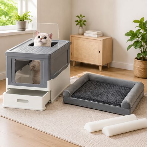 Ensemble de confort pliable pour animaux de compagnie (2 pièces) – Bac à litière fermé avec plateau amovible et panier orthopédique XL pour chien (1/5)