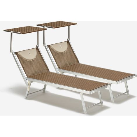 2 Tumbonas plegables de aluminio con parasol para playa - Santorini Limited Edition - Moka - Marrón Santorini