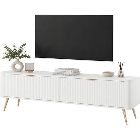 Mobile Porta tv Kalase, 2 Ripiani, 2 Ante, Ante Effetto Rigato con Piedini, 163x38x51h cm Bianco