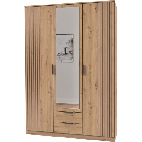 Armoire Placard, meuble de rangement avec miroir coloris rechampis imitation chêne artisan - longueur 135 x hauteur 199 x profondeur 58 cm (1/3)