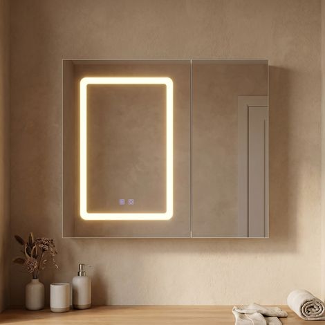 Armoire de toilette avec miroir LED, Rangement mural anti-buée pour salle de bain, Étagères réglables 70x60x13.5cm, Blanc