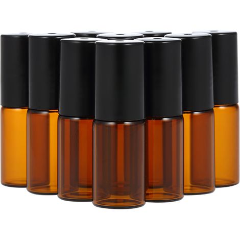 Paquete de 10 frascos roll-on de 5 ml para aceites esenciales, de vidrio ámbar, con bola de acero inoxidable y gotero de 3 ml. (1/5)