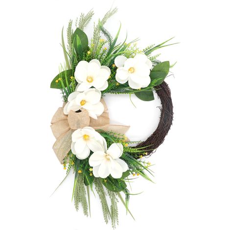 Couronne de magnolia blanc artificiel de 50 cm (19,7 po) pour porte d'entrée, décoration florale, fausses couronnes de magnolias, décoration de mariage, décoration intérieure (1/5)