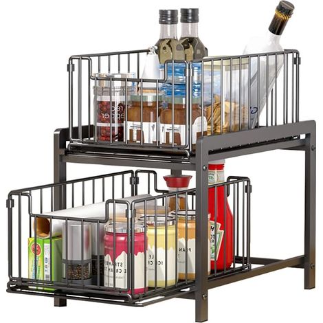 Rangements sous Evier 2 Niveaux Organisateur Coulissant avec Tiroirs Porte-épices pour Comptoir de Cuisine Salle Bain, Cuisine, Bureau (Ordinaire, NoirNoir) Noirnoir Regular'Parent'Noirnoir'Regular