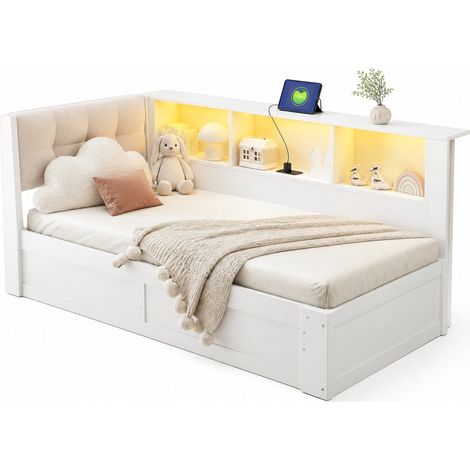 CHICFURN Lit banquette 90x200 cm avec coffre hydraulique, LED dimmable, port USB et étagère, bois blanc, sans matelas, gain de place pour chambre et petit espace (1/5)