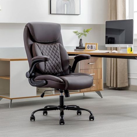 Chaise De Bureau En Cuir Marron À Dossier Haut Avec Accoudoirs Rabattables, Design Ergonomique, Support Lombaire, Chaise De Bureau D'ordinateur Exécutive (1/5)