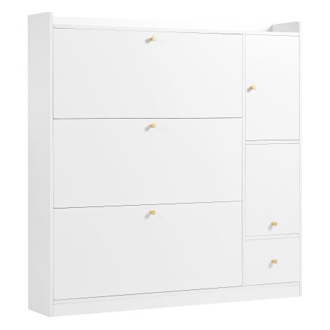 Meuble à chaussures multifonction à abattants (3 niveaux) — Unité de rangement pour entrée avec tiroir et porte-chaussures sur pied intégrant un banc pliant pour se chausser — Idéal pour les couloirs