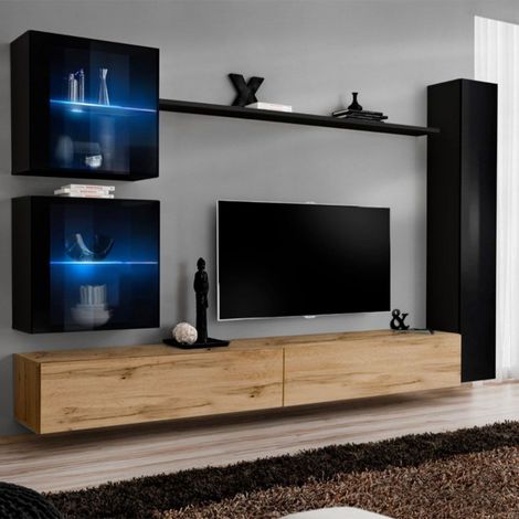 Meuble TV Mural Design "Switch XVIII" 280cm Naturel & Noir (1/4)