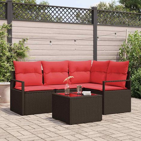 vidaXL Gartensofa-set mit Kissen 5 pcs Braun und Rot Poly-Rattan (1/5)