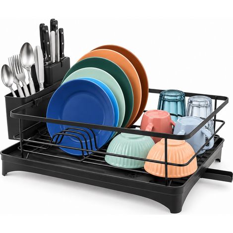 Relaxdays Dish Drainer, Cutlery Basket, Drip Tray with Drain, HWD: 21 x 43 x 29.5 cm, Metal, Plastic, black (1/5)