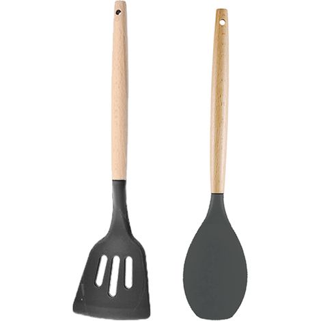 Ustensile De Cuisine En Silicone - Tete Souple Resistant Chaleur Jusqu A 230 C - Manche En Bois Naturel - Pour Recipients Antiadhesif - Lot De 2 (1/5)