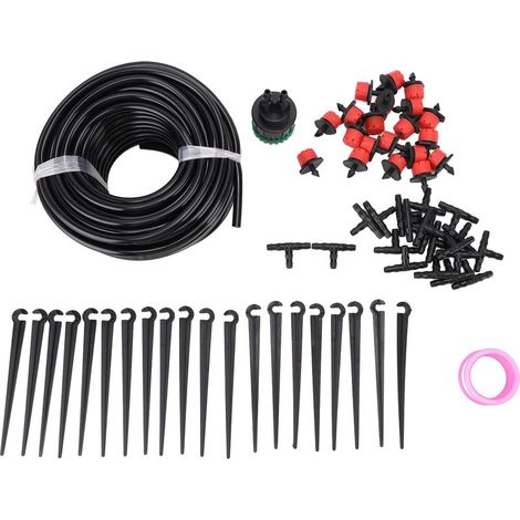 Système d'irrigation goutte à goutte de 20 m (65,6 pi) avec arroseurs automatiques à double sortie réglables et capuchons rouges, idéal pour jardin, pelouse et serre. (1/5)