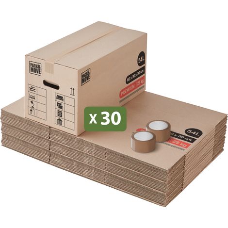 Pack and Move - Lot 30 Cartons Déménagement Premium - 60 X 30 X 30 - Extrême Résistance 20KG - Réutilisable - Poignées Renforcées - 2 Adhésifs Offerts (1/5)