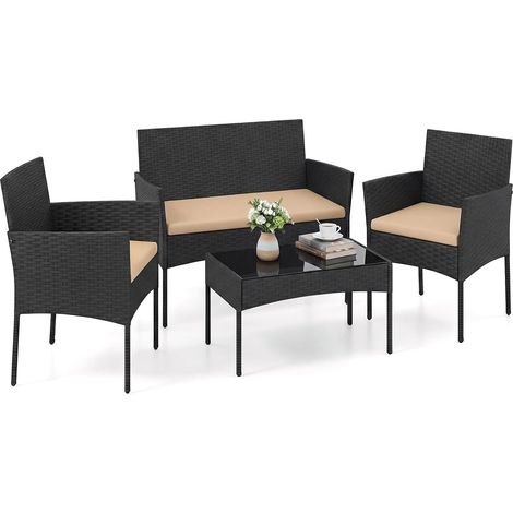 COSTWAY Set Salotto da Giardino 4 Pezzi,Poltrone in Rattan,con Cuscino Imbottito,Giallo (1/2)
