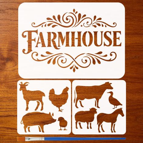 3 Pièces Pochoirs de Peinture de Ferme avec Pinceau 2 Tailles Gabarit de Dessin de Bovins Cochons Poules Moutons Chevaux Pochoir de Silhouette d'Animal Gabarit de Thème de Ferme (1/5)