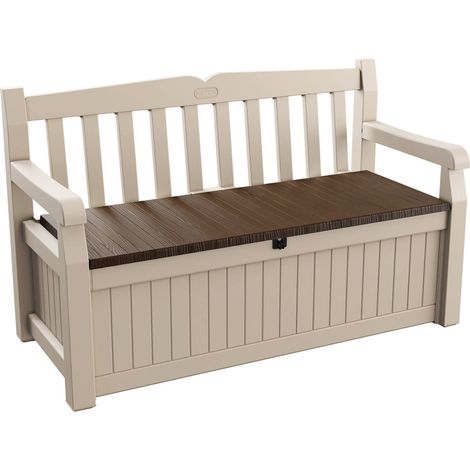 Dmora - Baúl de almacenamiento exterior Chestermere, Cofre de jardín, Banco con almacenaje, Arcón para exteriores, 140x60 h84 cm, Beige y Marrón