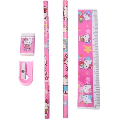 Trousse à crayons 6-en-1 pour enfants et étudiants, kit de papeterie combiné avec motif chaton, étui à dessin multifonctionnel, cadeau idéal (1/5)