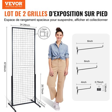 Grille d’Exposition sur Pied 2 PCs Panneau Grille en Acier 617x1716 mm Charge 27 kg Présentoir Grille sur Pied Accessoires Complets… (1/5)
