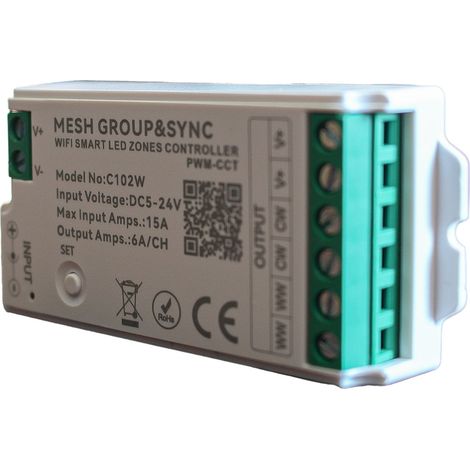 Centralina Controller per Striscia Led CCT WIFI 2.4G, RF 2.4G TUYA, Smart Life Max 15A Tot. (6A/CH) DC5-24V 360W 2 Canali CCT CLC102R Bianco