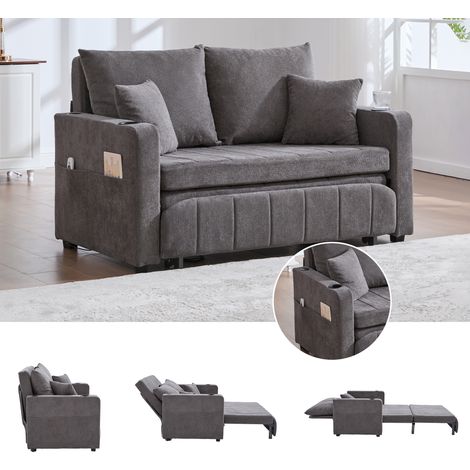 Divano letto 2 in 1 grigio a 2 posti, tessuto ciniglia, sfoderabile e lavabile, con borsa portaoggetti, USB e portabicchieri, 139x73x83cm (1/5)