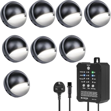 8 pièces lumineuses LED basse tension avec transformateur, minuterie et capteur de cellule photoélectrique, étanche IP67 pour clôtures extérieures de jardin, Lumière blanche chaude [Classe énergétique