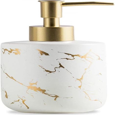 Dispensador de jabón de cerámica blanca y dorada, botella de jabón de manos de lujo de 300 ml con bomba de plástico para baño y cocina.