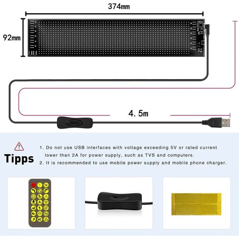 (16x64 LED 9x37CM) Panneau matriciel à points LED programmable, adapté aux applications publicitaires et de bricolage, écran d'affichage LED animé 5V. (1/4)